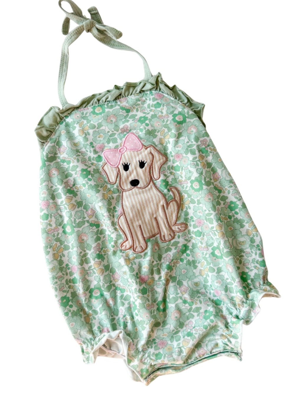 Adorable Abby & Evie Green Floral 18-24 Ruffle Romper with Puppy Applique
